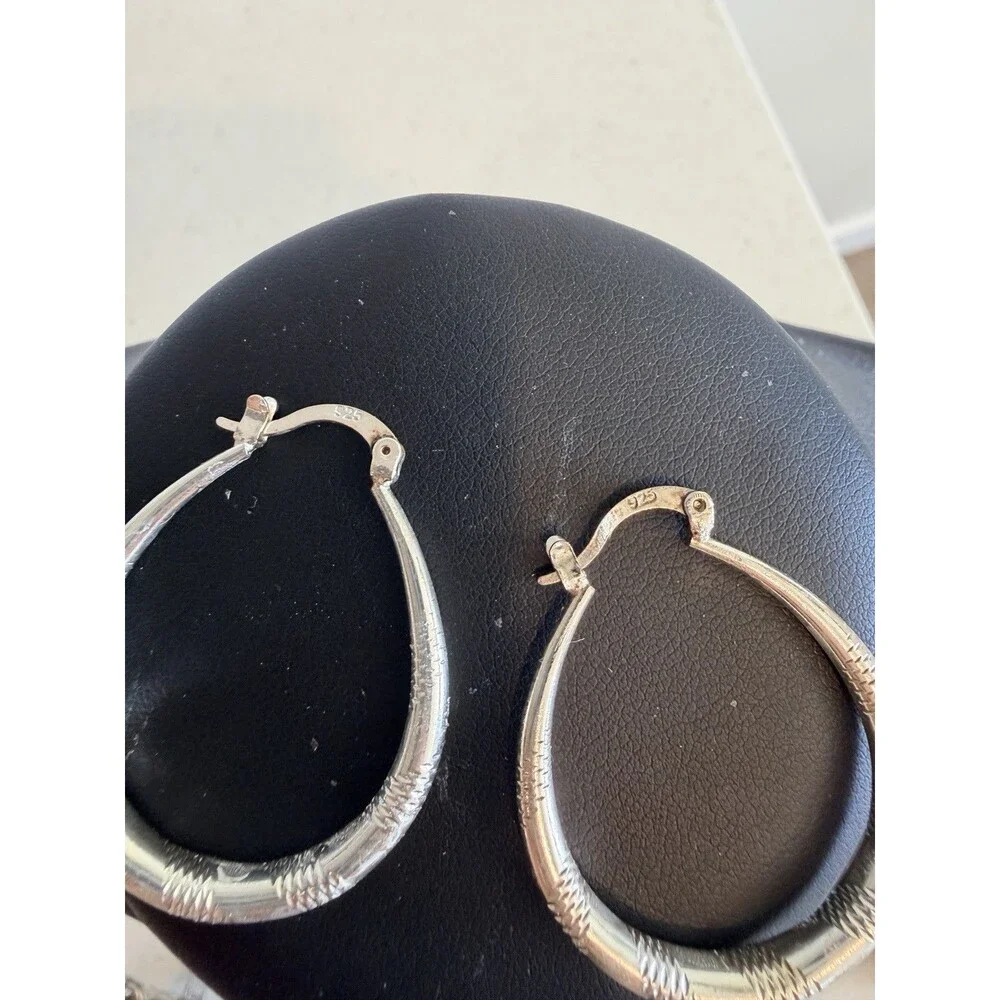 VTG LARGE OVAL HOOP DIAMOND CUT EARRINGS STERLING SILVER 925